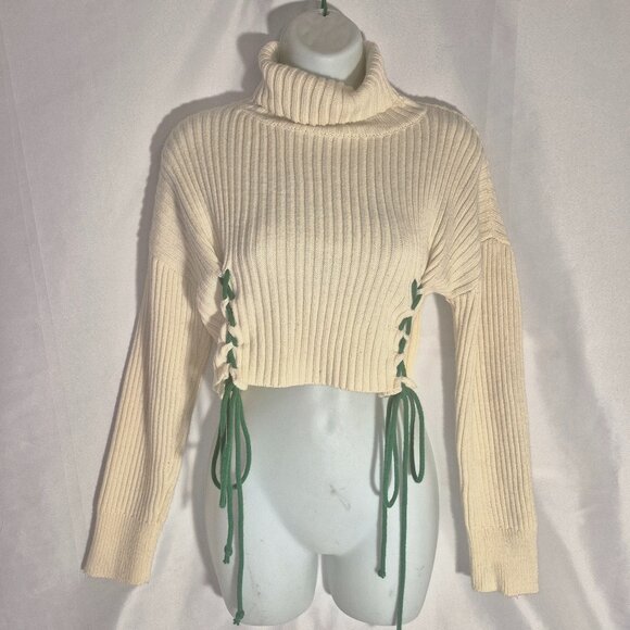 FASHION NOVA cropped oversized sweater, turtleneck. braided front, white, Small - Picture 2 of 12